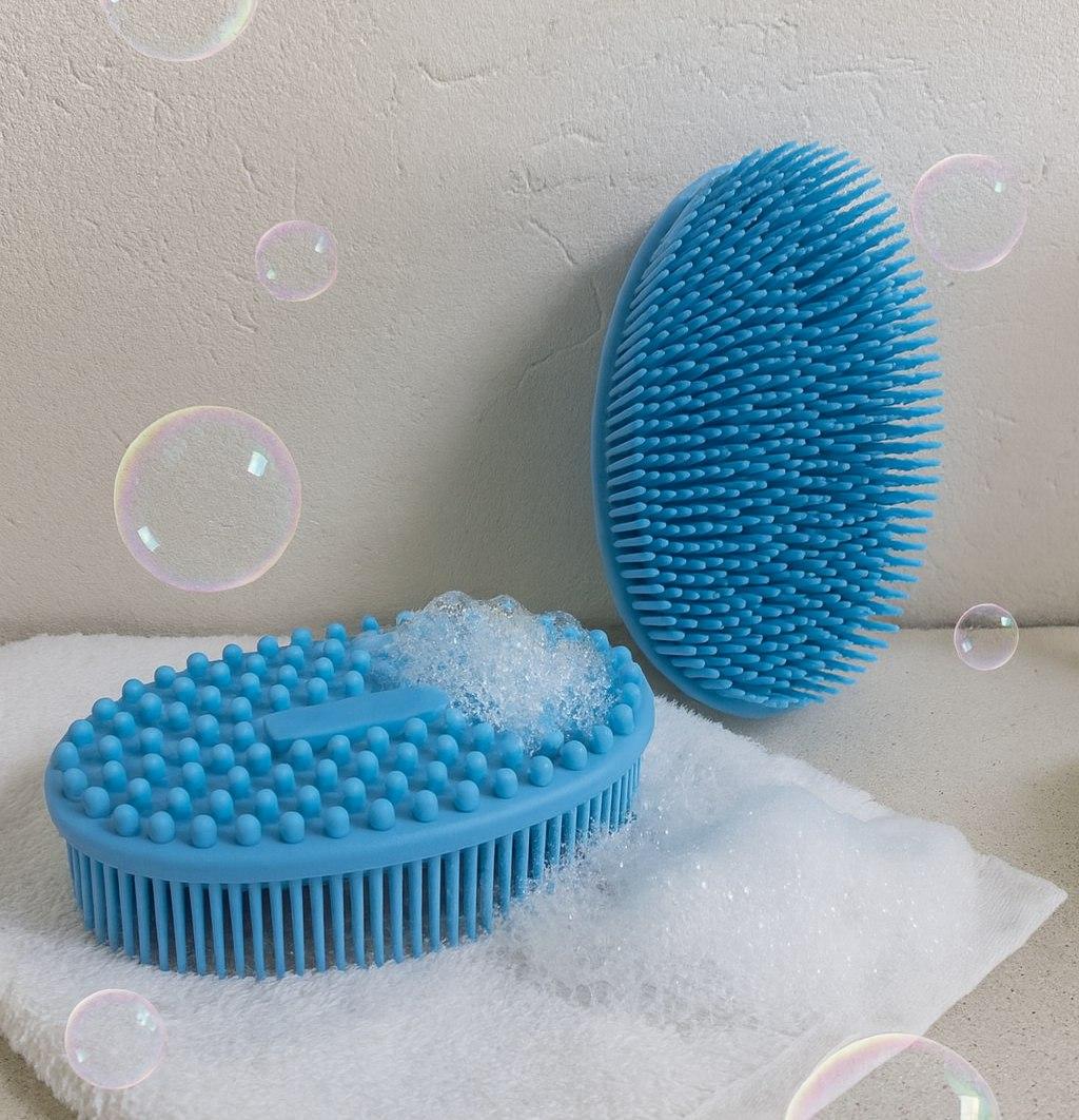 Масажна двостороння силіконова щітка-мочалка для душу в коробці (12х7см). Блакитна, фото 1
