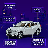 Машинка металевa Автопром BMW X6 1:32 біла — світло, звук, відкривні двері, арт. 68311-3, фото 10