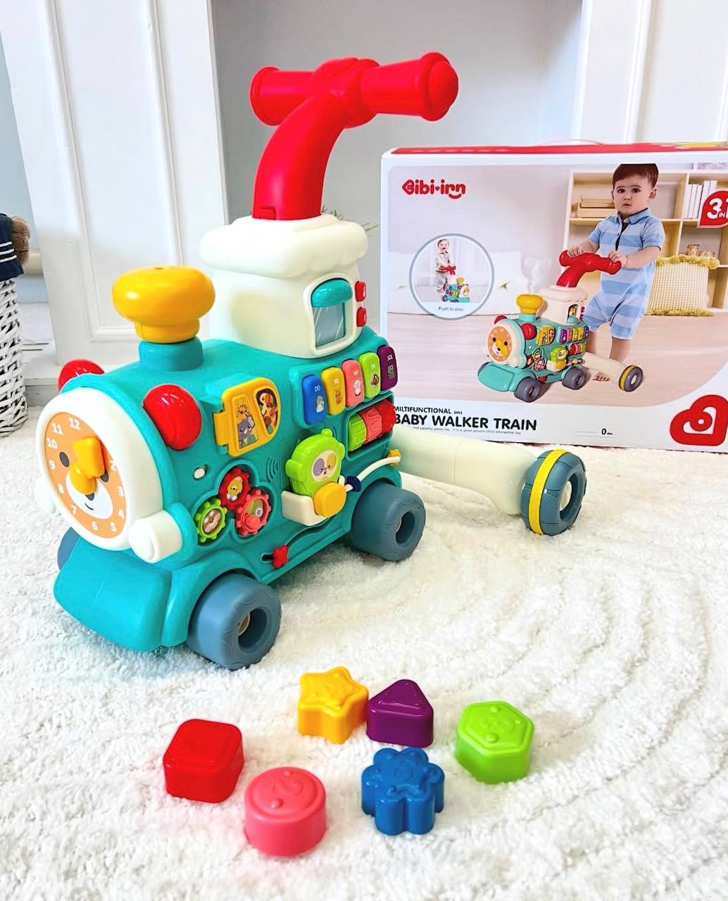 Дитяча каталка-ходунки 6062-6063 каталка-толокар, з парогенератором Бірюзовий Паровозик, фото 1