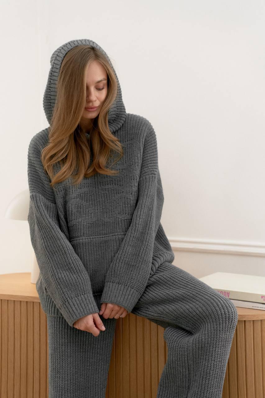 Жіночий в'язаний костюм у спортивному стилі тепле худі з капюшоном і прямими штанами (р. S-L) 61KO3925, фото 1