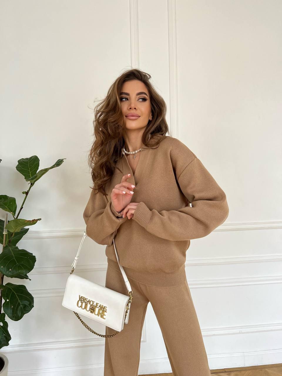 Жіночий в'язаний костюм кофта з відкладним коміром і прямі штани з куліскою (р. 42-46) 61KO3926, фото 1