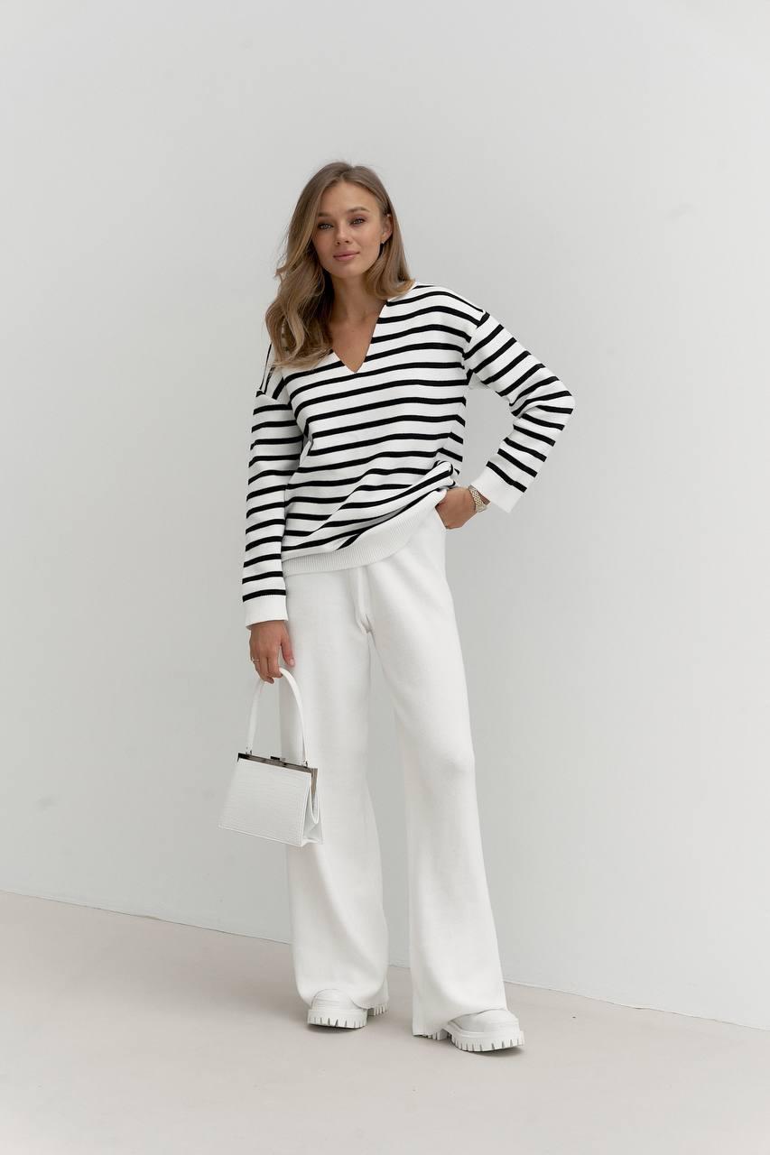 Жіночий в'язаний костюм з подовженим светром у смужку та штанами палаццо (р. OS) 79KO3221, фото 1
