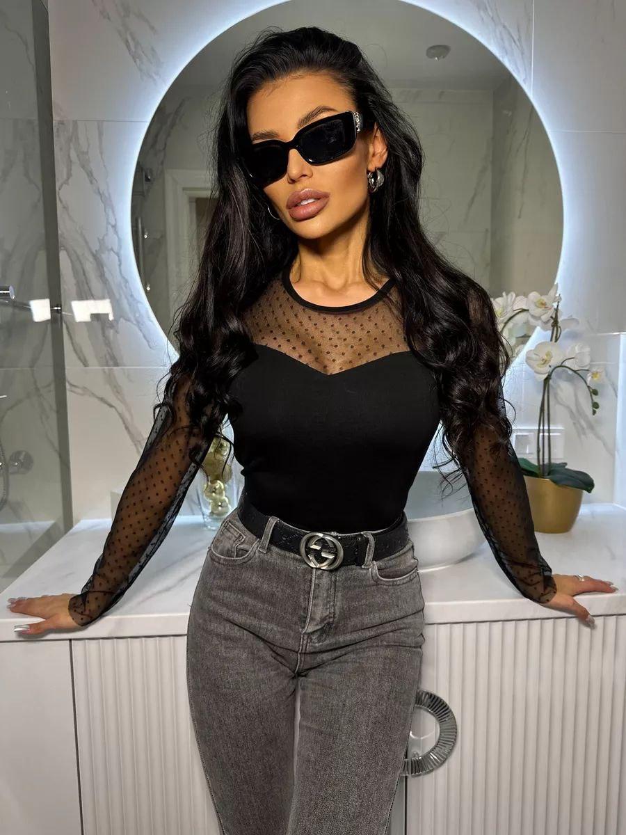 Жіноча чорна кофта лонгслів з рукавами із сітки обтисла (р. 42-46) 80KF3447, фото 1