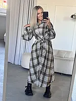 Женское теплое платье-рубашка длинное в клетку с поясом и рукавами фонариками (р. 42-52) 2PL6141