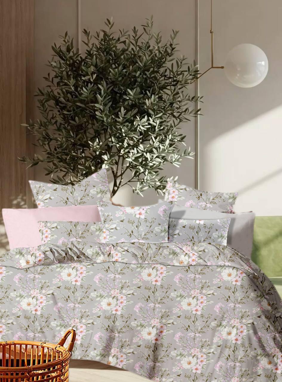 Комплект постільної білизни Ранфорс Сірий з квітами Півтораспальнийй розмір 150х220, фото 1