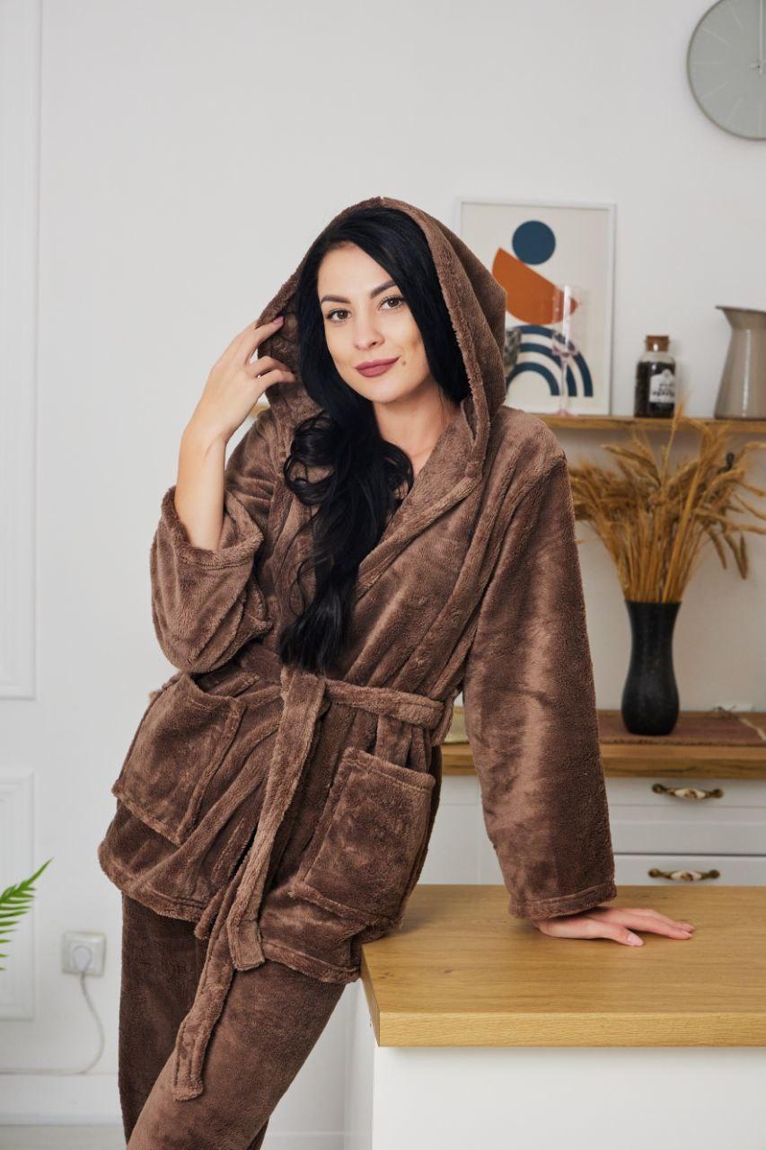 Жіночий домашній МАХРОВИЙ комплект КІМОНО ЖАКЕТ зі штанцями ТОМІКО ШОКОЛАД 9016, фото 1