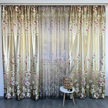 Штори оливкові атласні з батистовим тюлем з орхідеями ALBO (SHT-157-1)