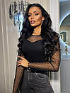 Жіноча чорна кофта лонгслів з рукавами із сітки обтисла (р. 42-46) 80sv3447, фото 4