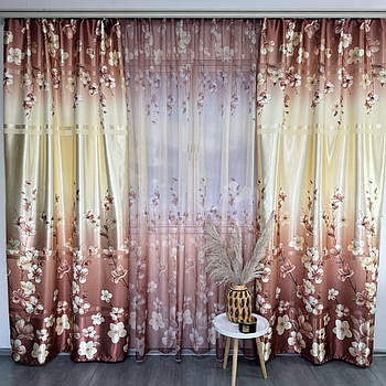 Штори коричневі атласні з батистовим тюлем з орхідеями ALBO (SHT-157-3)