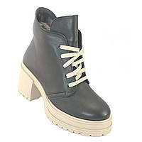 Зимние женские черные ботинки на шнуровке и молнии на удобном каблуке бежевом из натуральной кожи размер 38