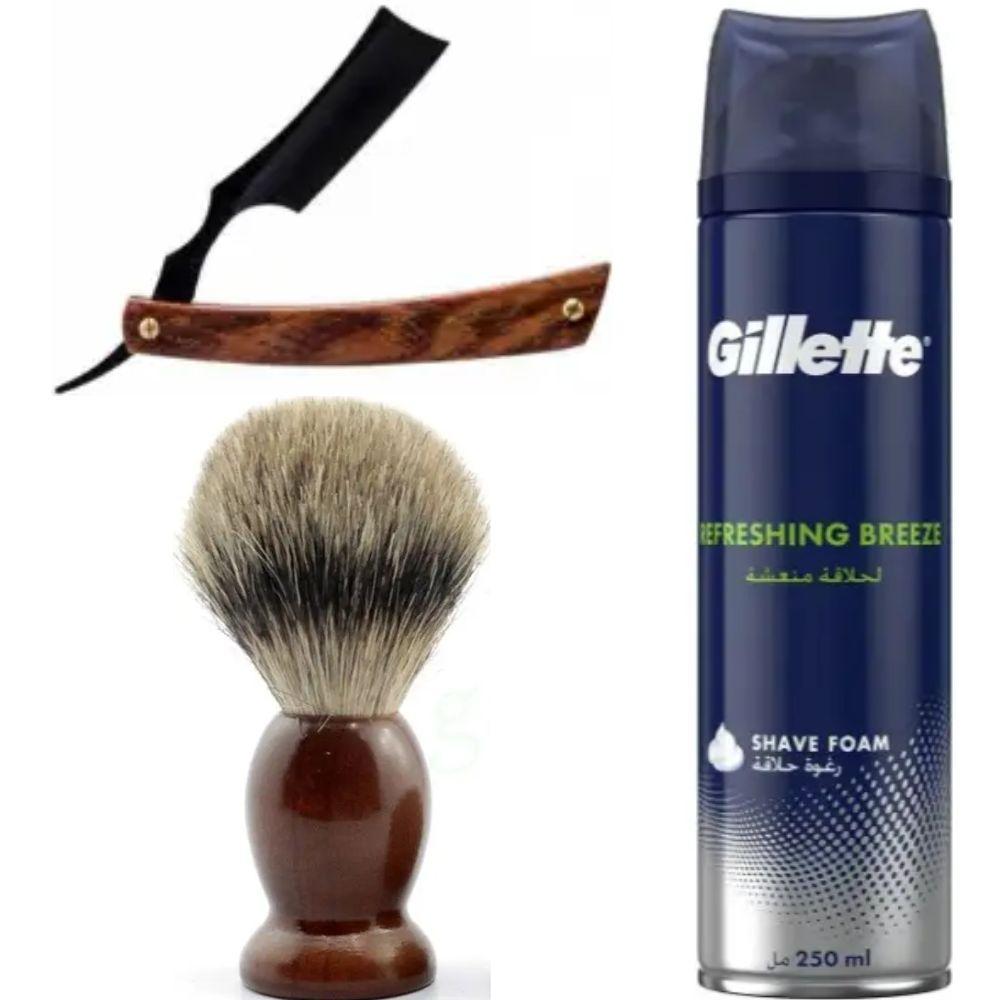 Небезпечна бритва/шавета розкладна Straight Razor + помазок SHIMA + піна для гоління Gillette Refreshing Breeze 250 мл, фото 1