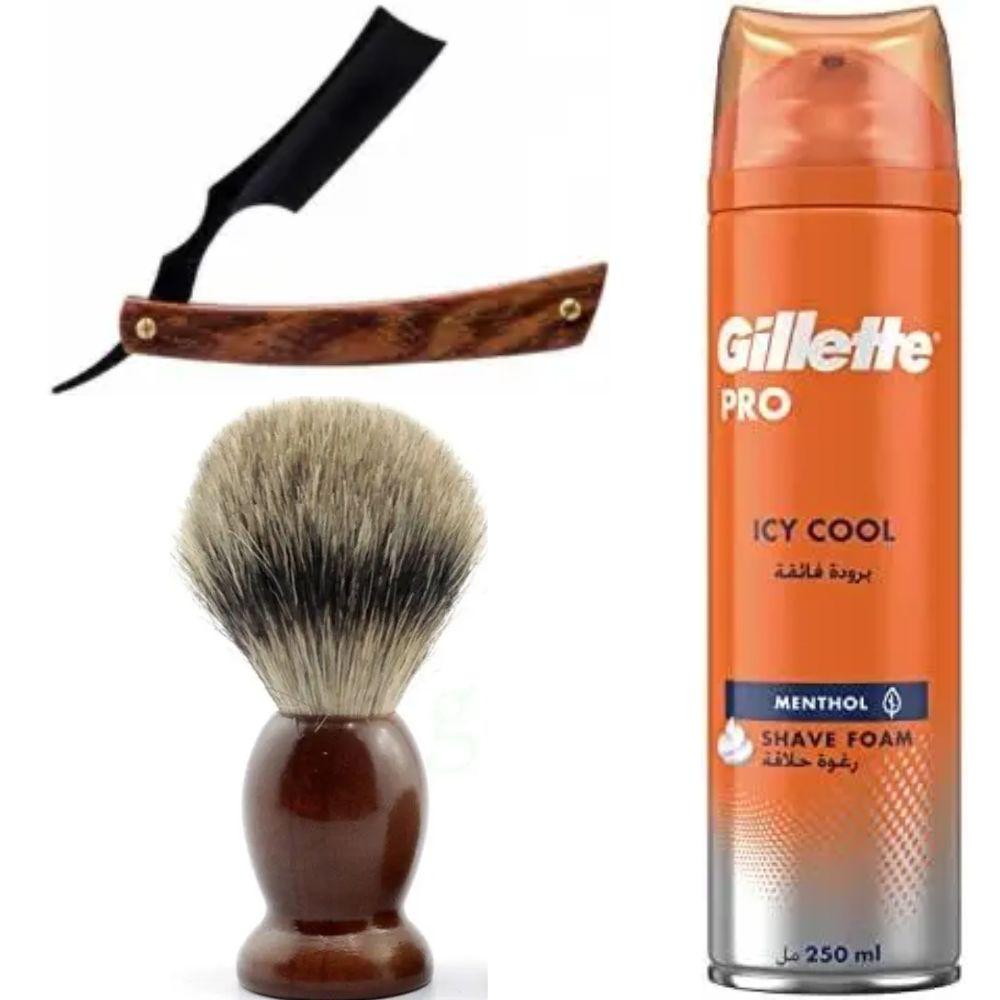 Небезпечна бритва/шавета розкладна Straight Razor + помазок SHIMA + піна для гоління Gillette Pro Icy Cool з ментолом, фото 1