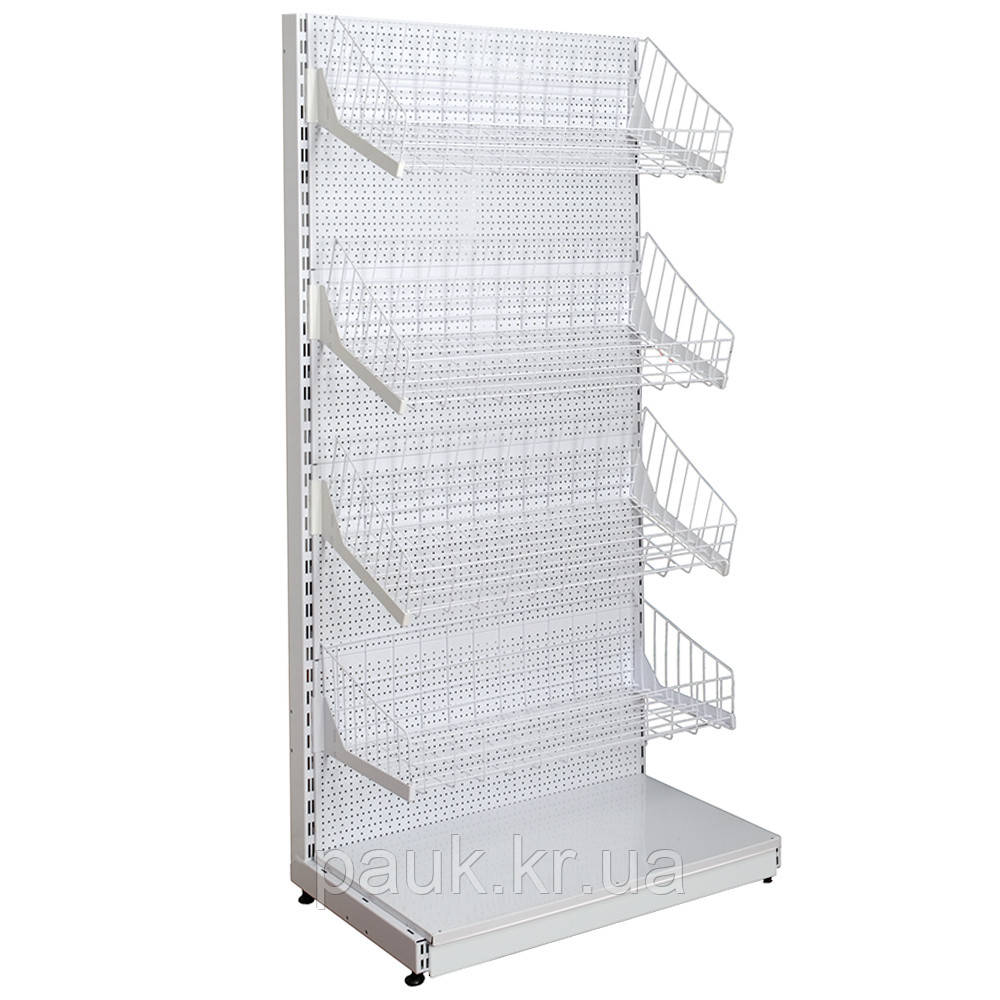 Стелаж з сітчастими кошиками 1900х950 мм, приставний торговий стелаж, стелаж з металевими кошиками, стелаж в магазин металевий, фото 1