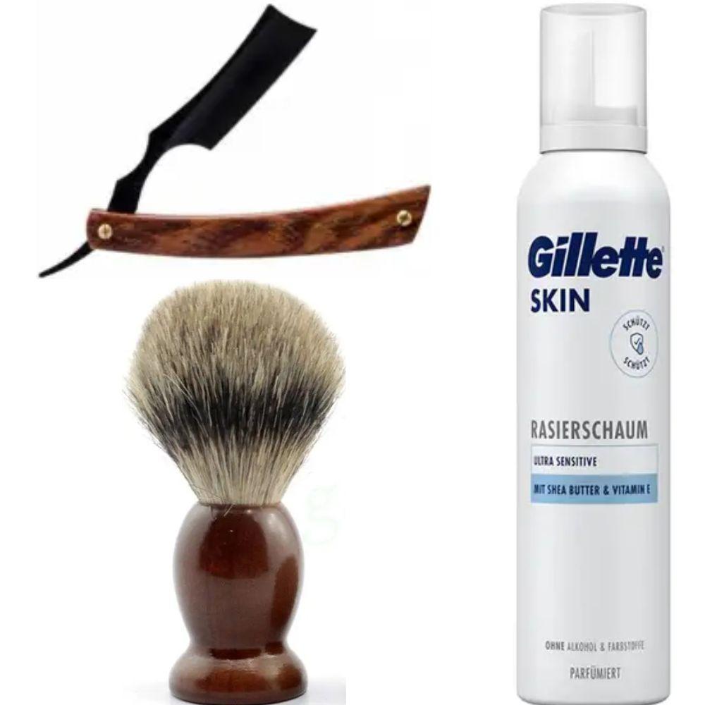 Небезпечна бритва/шавета розкладна Straight Razor + помазок SHIMA + піна для гоління Gillette Skin Ultra Sensitive, фото 1