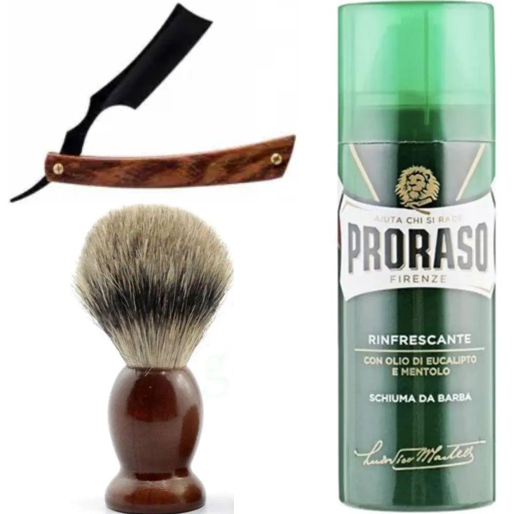 Небезпечна бритва/шавета розкладна Straight Razor + помазок SHIMA + піна для гоління Proraso тонізуюча евкаліпт і ментол, фото 1