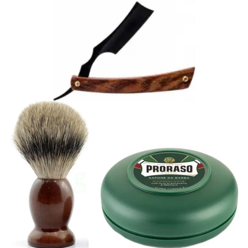 Небезпечна бритва/шавета розкладна Straight Razor + помазок SHIMA + мило для гоління Proraso Rinfrescante Green Eucalyptus, фото 1