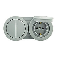 Вимикач 2-клавішний + Розетка з заземленням з кришкою сірий xOne, вологостійкий, для зовнішнього освітлення