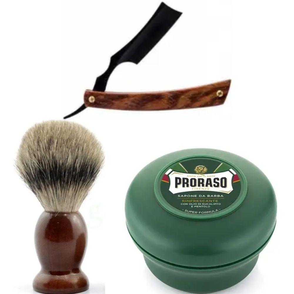 Небезпечна бритва/шавета розкладна Straight Razor + помазок SHIMA + мило для гоління Proraso Rinfrescante Green Eucalyptus, фото 1
