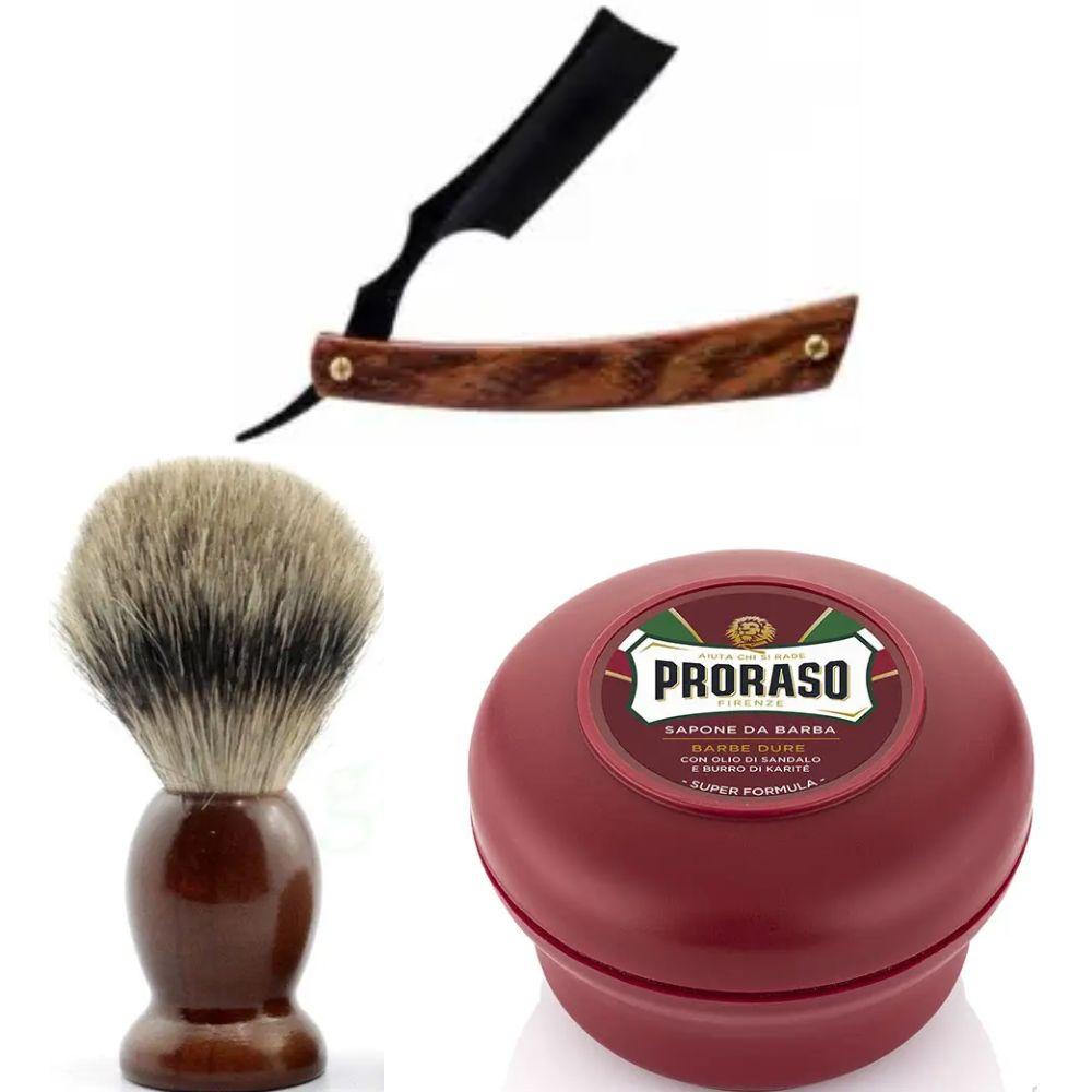 Небезпечна бритва/шавета розкладна Straight Razor + помазок SHIMA + мило для гоління Proraso для жорсткої щетини з маслом, фото 1