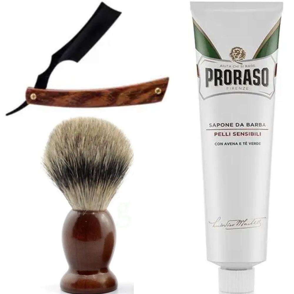 Небезпечна бритва/шавета розкладна Straight Razor + SHIMA + крем для гоління Proraso для чутливої шкіри з зеленим чаєм, фото 1