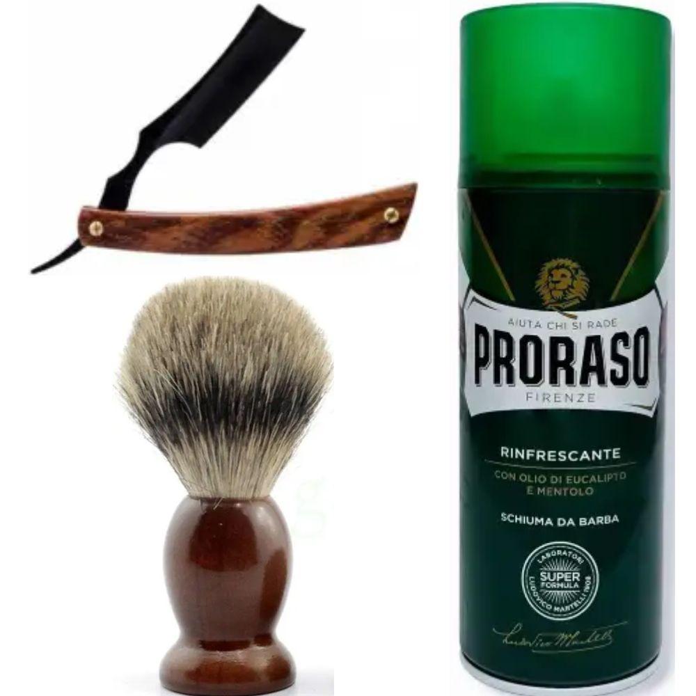 Небезпечна бритва/шавета розкладна Straight Razor + помазок SHIMA + піна для гоління Proraso тонізуюча евкаліпт і ментол, фото 1