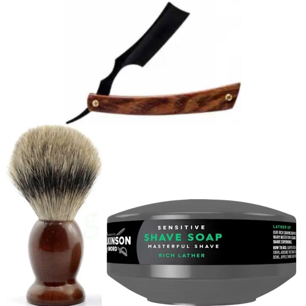 Небезпечна бритва/шавета розкладна Straight Razor + помазок SHIMA + мило для гоління Wilkinson Sword для чутливої шкіри 125г, фото 1