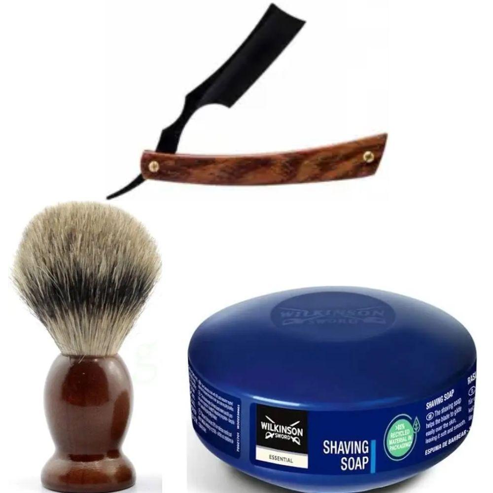 Небезпечна бритва/шавета розкладна Straight Razor + помазок SHIMA + мило для гоління Wilkinson Essential 125г, фото 1