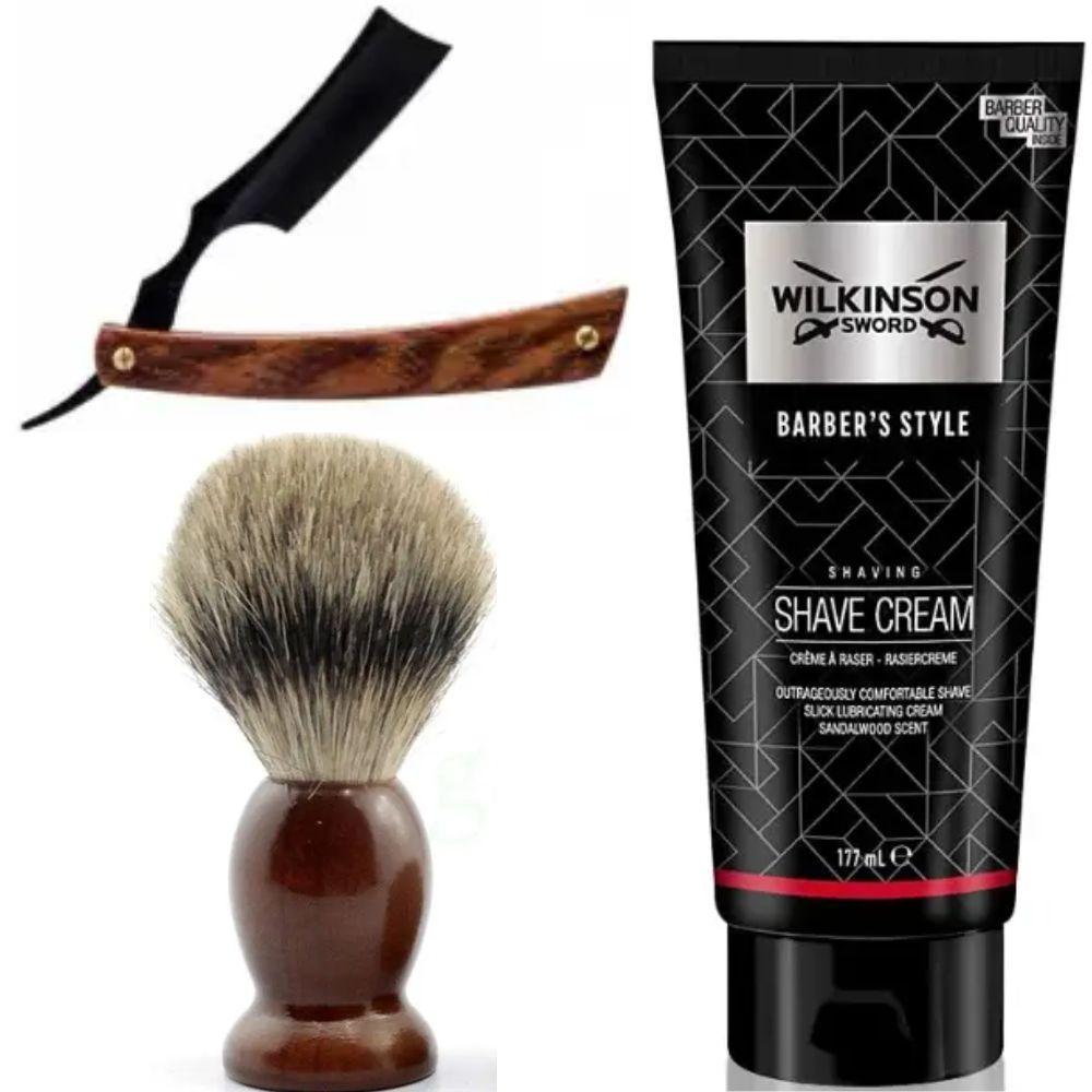 Небезпечна бритва/шавета розкладна Straight Razor + помазок SHIMA синій + крем для гоління Wilkinson Sword Barber's Style Shave, фото 1