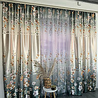 Штори бірюзові атласні з батистовим тюлем з орхідеями ALBO (SHT-157-4), фото 3