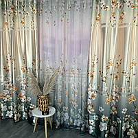 Штори бірюзові атласні з батистовим тюлем з орхідеями ALBO (SHT-157-4), фото 8
