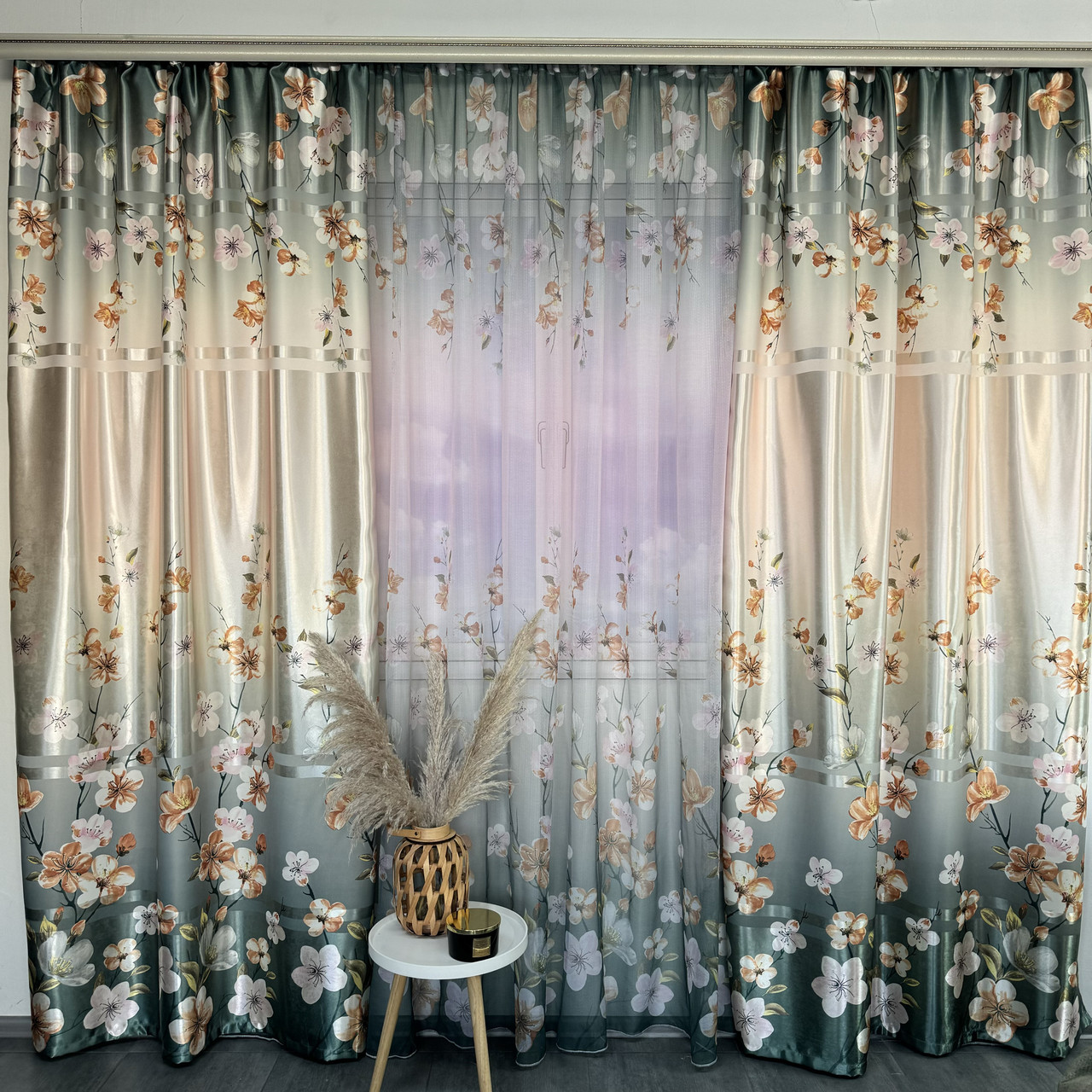 Штори бірюзові атласні з батистовим тюлем з орхідеями ALBO (SHT-157-4), фото 1