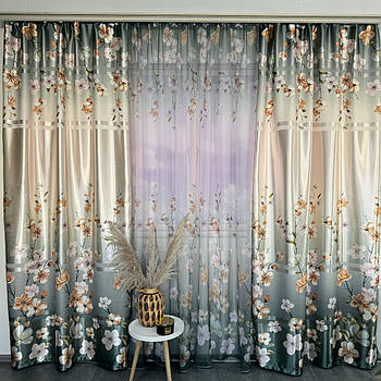 Штори бірюзові атласні з батистовим тюлем з орхідеями ALBO (SHT-157-4)