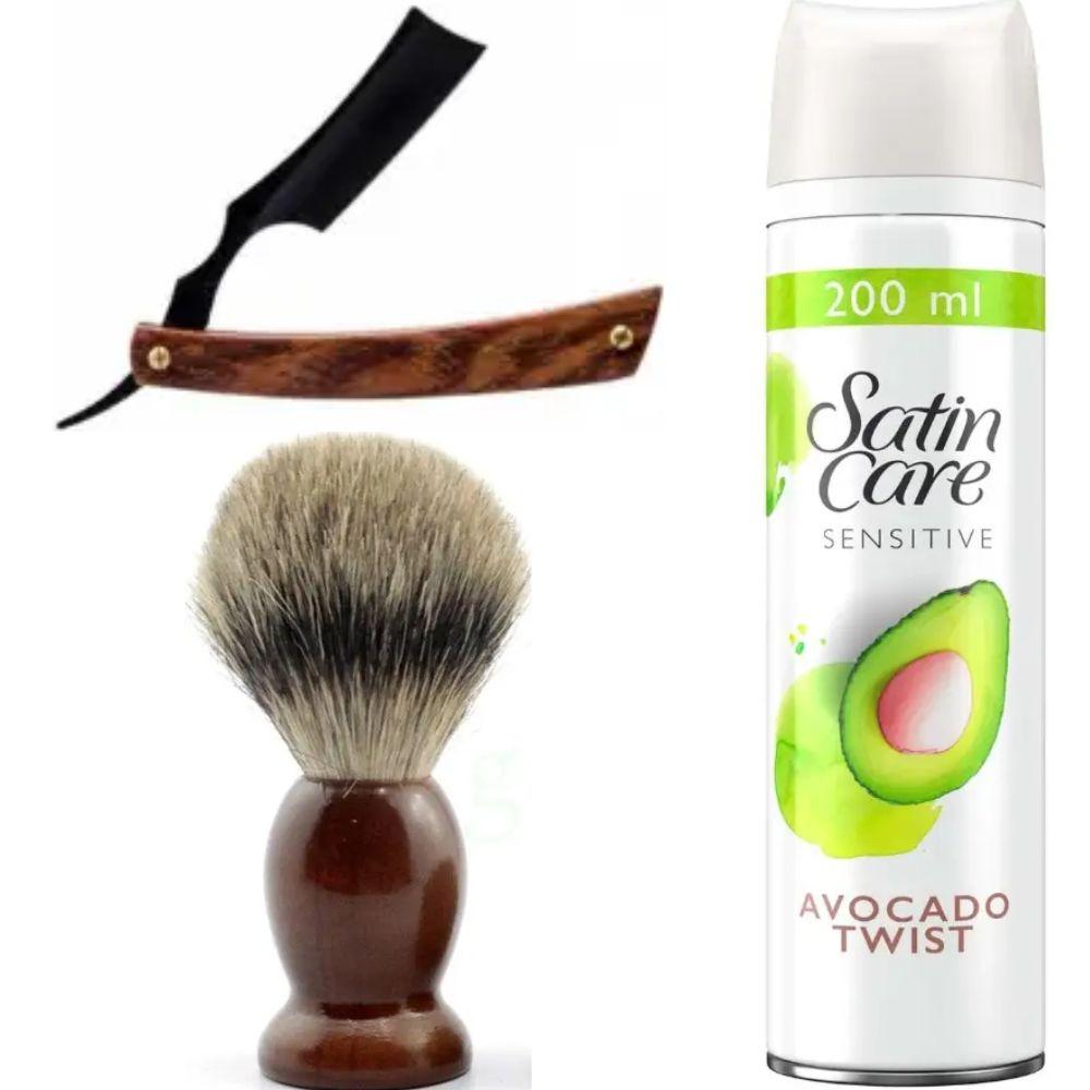 Небезпечна бритва/шавета розкладна Straight Razor + помазок SHIMA + гель для гоління Gillette Satin Care Gel Avocado 200 мл, фото 1