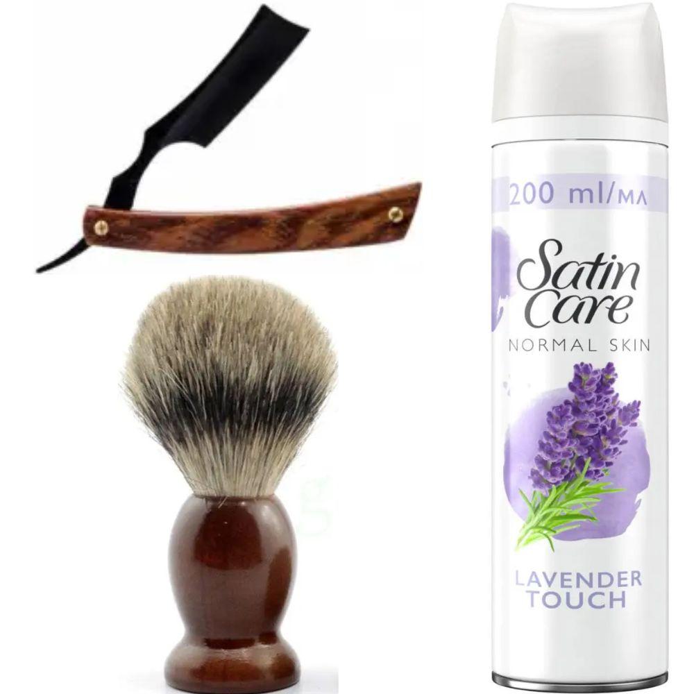 Небезпечна бритва/шавета розкладна Straight Razor + помазок SHIMA + гель для гоління Gillette Satin Care Gel Lavender 200 мл, фото 1