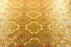 Шовкова церковна тканини Канон жовтий з червоним контуром з золомтом