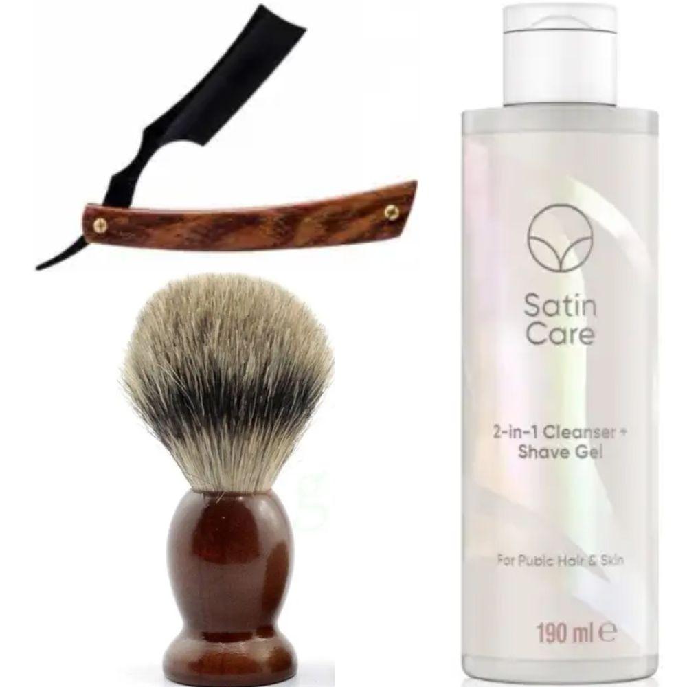 Небезпечна бритва/шавета розкладна Straight Razor + помазок SHIMA + гель для гоління Gillette Venus Venus Satin Care 2 в 1, фото 1