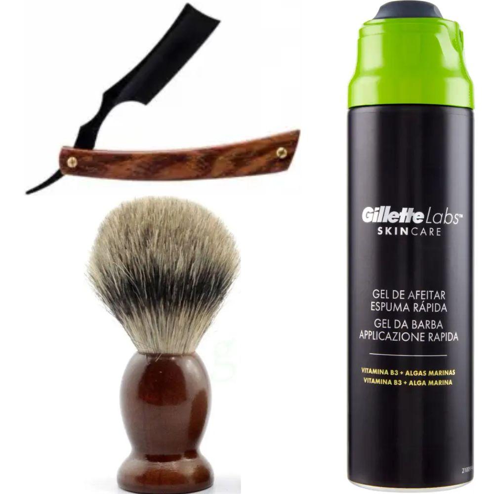 Небезпечна бритва/шавета розкладна Straight Razor + помазок SHIMA + гель для гоління Gillette Labs Gel 198 мл, фото 1