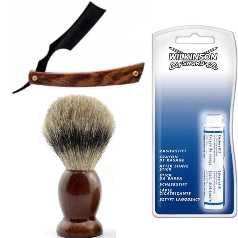Небезпечна бритва/шавета розкладна Straight Razor + помазок SHIMA + кровоспинний олівець Wilkinson Sword After Shave Stick, фото 1