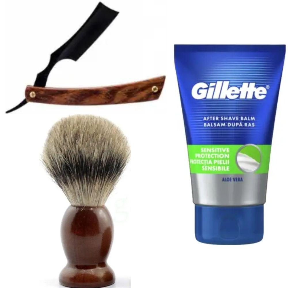 Небезпечна бритва/шавета розкладна Straight Razor + помазок SHIMA + бальзам після гоління Gillette Sensitive Protection, фото 1
