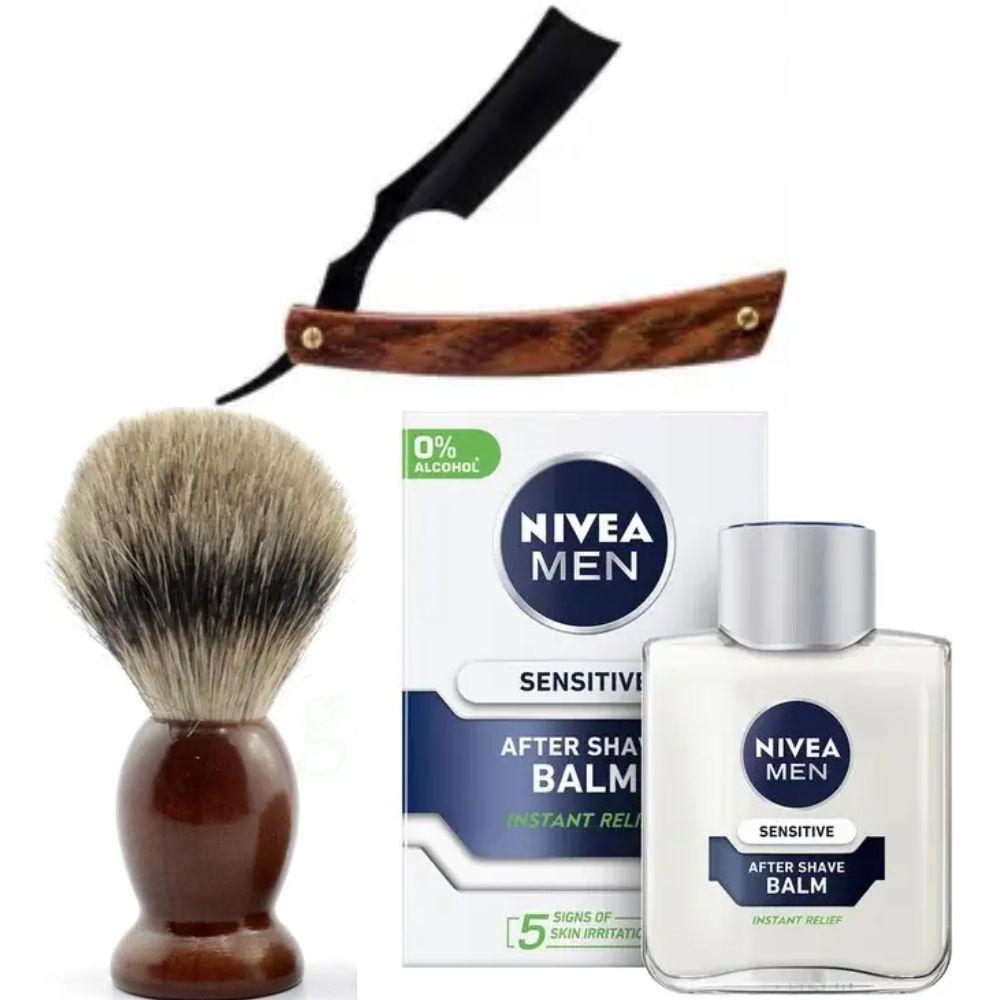 Небезпечна бритва/шавета розкладна Straight Razor + помазок SHIMA + бальзам після гоління Nivea Men Sensitivе 100 мл, фото 1