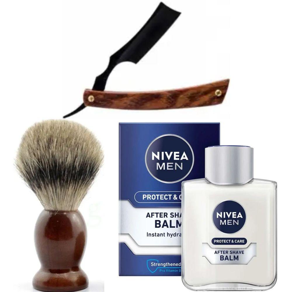 Небезпечна бритва/шавета розкладна Straight Razor + помазок SHIMA + бальзам після гоління Nivea Men Protect & Care 100 мл, фото 1