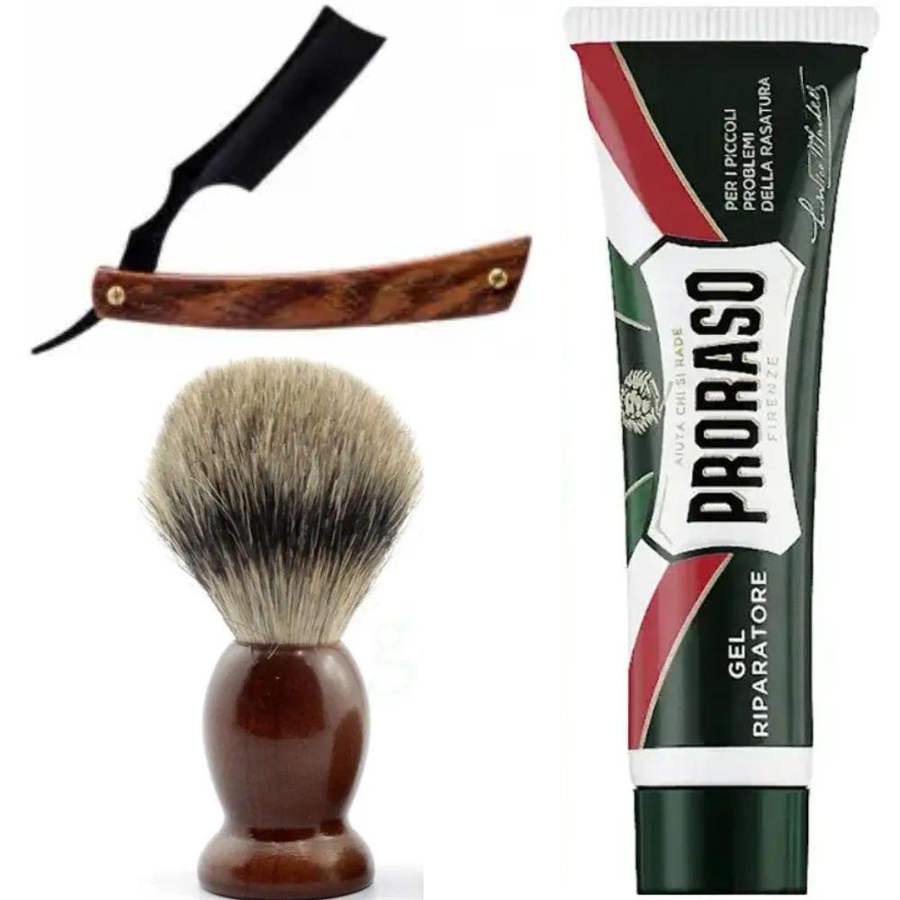 Небезпечна бритва/шавета розкладна Straight Razor + помазок SHIMA + гель від порізів Proraso Razor Cut Repair Gel, фото 1