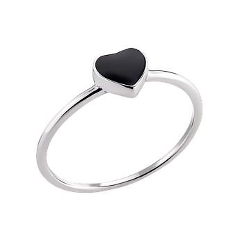 Срібна каблучка тоненька Сердечко об'ємне з чорною емаллю