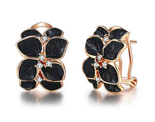 Сережки Primo Glory у формі квітів з чорними пелюстками та кристалами – Gold&Black