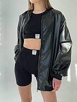 Оверсайз подовжений жіночий шкіряний бомбер з утепленням (чорний, бордовий, шоколадний)