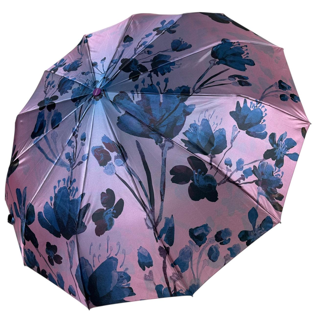Жіноча парасолька автомат на 12 спиць сатиновий купол з принтом від Mario, фіолетова ручка, N0190-4