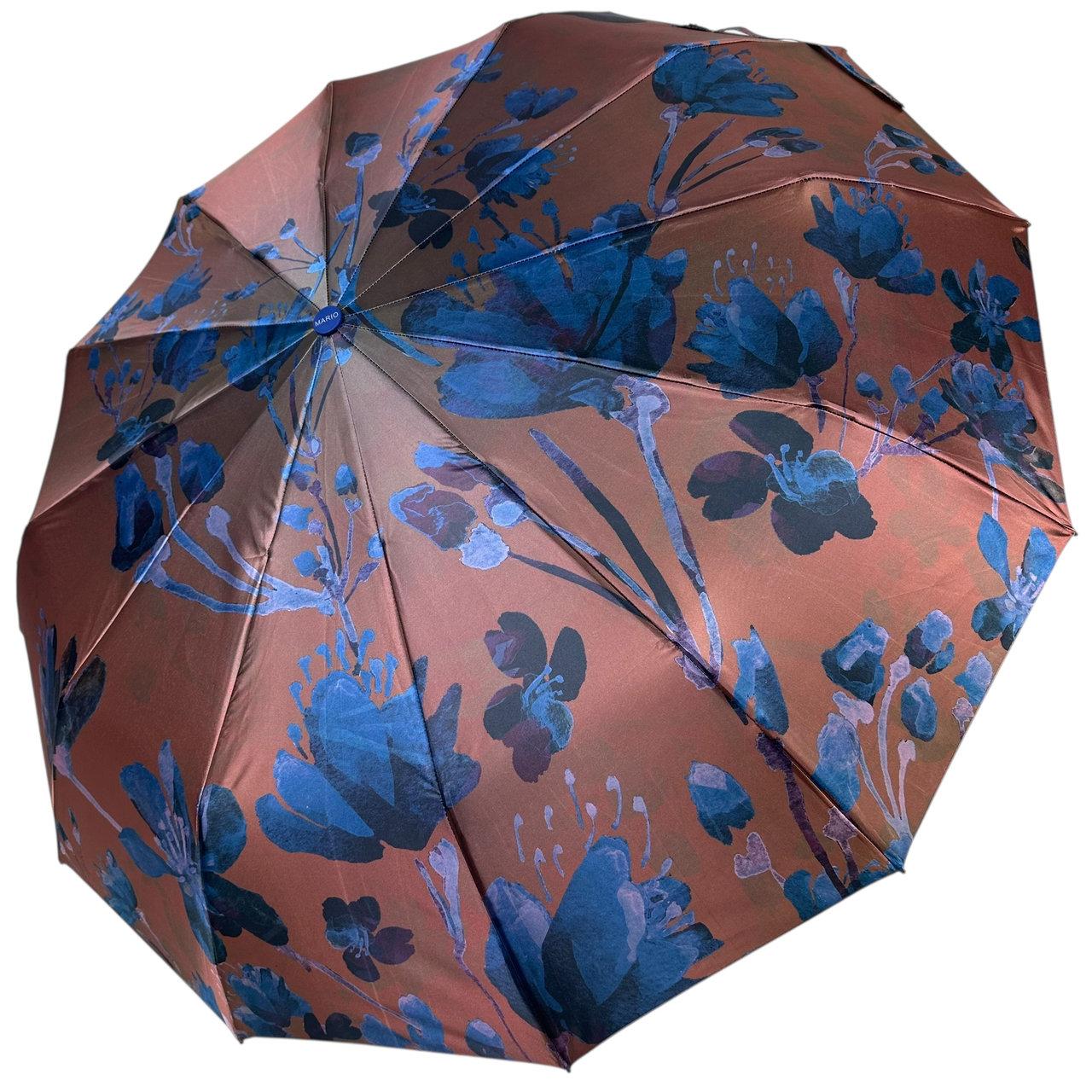 Жіноча парасолька автомат на 12 спиць сатиновий купол з принтом від Mario, синя ручка, N0190-2