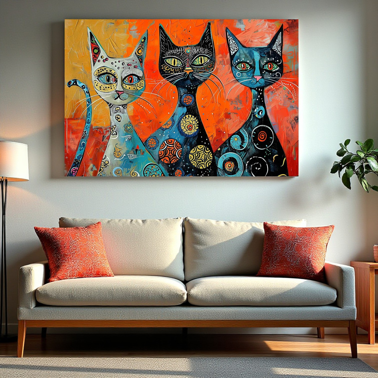 Абстрактна картина з котиками Друк на полотні Декор для дитячої кімнати 60х40см, фото 1