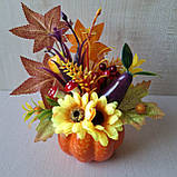 Осіння композиція гарбузом із декором., фото 4