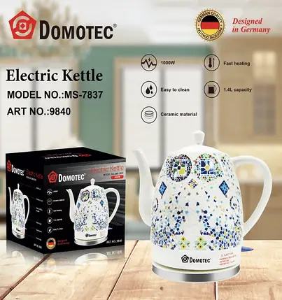 Електричний керамічний чайник Domotec MS-7837 1.4л 1000 Вт з термозображенням "Мозаїка", фото 1